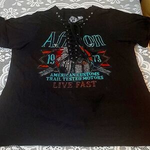 Affliction, Black Oversize T-Shirt With Unique Tie-Up Neckline, Size Medium